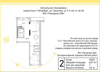 2-ком. квартира на продажу, 63.7 м2, Санкт-Петербург, улица Шкапина, 9-11, ЖК Панорама 360