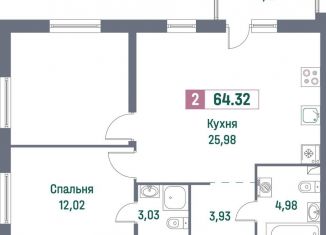 Продажа 2-комнатной квартиры, 64.3 м2, Мурино