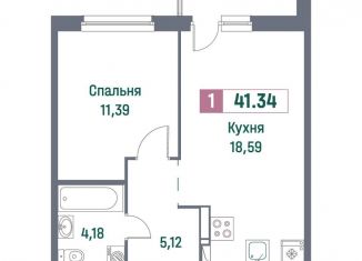 1-комнатная квартира на продажу, 41.3 м2, Мурино