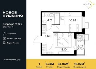 Продается однокомнатная квартира, 34.9 м2, Московская область, микрорайон Новое Пушкино, к27