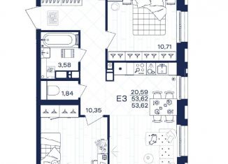 Двухкомнатная квартира на продажу, 53.6 м2, Тула