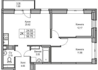 2-ком. квартира на продажу, 55.1 м2, Санкт-Петербург, Ивинская улица, 1к2