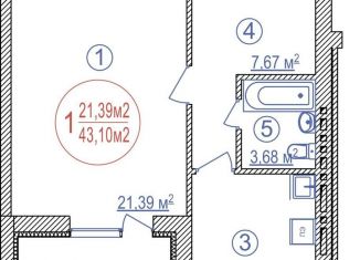 Продаю однокомнатную квартиру, 43.1 м2, Уфа, улица Лётчиков, 1/9