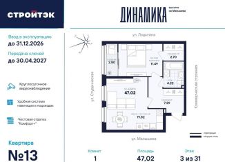 1-комнатная квартира на продажу, 47 м2, Екатеринбург, Кировский район, улица Малышева, 145