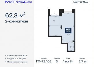 Продам двухкомнатную квартиру, 62.3 м2, Тюмень