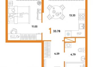 Продам однокомнатную квартиру, 33.8 м2, Тюмень, Интернациональная улица, 199к10