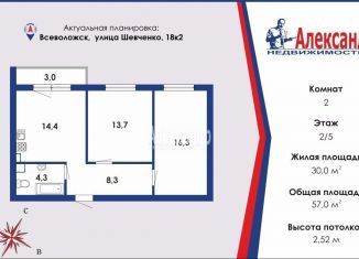 Продажа двухкомнатной квартиры, 57 м2, Всеволожск, улица Шевченко, 18к2, ЖК Шведские Пруды