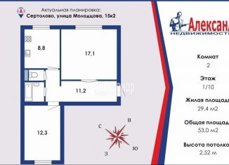 Продажа 2-комнатной квартиры, 53 м2, Ленинградская область, улица Молодцова, 15к2