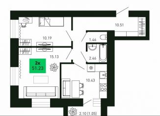 Продаю 2-комнатную квартиру, 51.2 м2, деревня Шутовщина