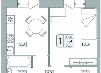 Однокомнатная квартира на продажу, 33.4 м2, поселок городского типа Стройкерамика