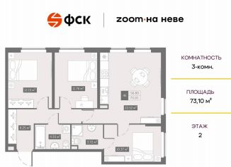 Трехкомнатная квартира на продажу, 73.1 м2, Санкт-Петербург