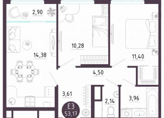 Продам двухкомнатную квартиру, 53.2 м2, Тула, Пряничная улица, 9