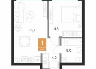 Продажа 1-комнатной квартиры, 39.8 м2, Курск