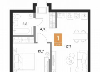 Продам однокомнатную квартиру, 37.1 м2, Курск