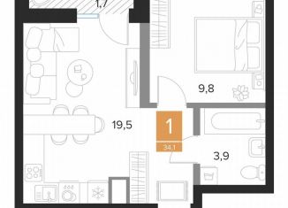 1-комнатная квартира на продажу, 34.1 м2, Курск