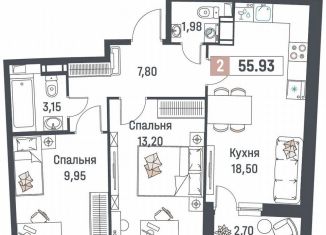2-ком. квартира на продажу, 55.9 м2, Мурино, ЖК Авиатор