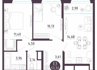 2-комнатная квартира на продажу, 53.3 м2, Тула, Пряничная улица, 9