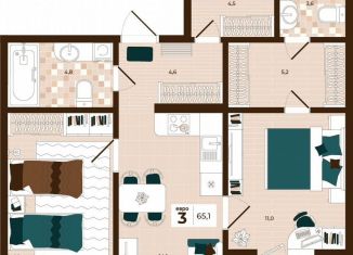 Продается 3-комнатная квартира, 65.1 м2, Тула