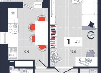 Продается 1-комнатная квартира, 41.1 м2, Тула