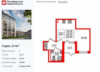Продается квартира студия, 25.4 м2, посёлок Стрельна