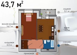 Продам 1-ком. квартиру, 43.7 м2, Воронеж, улица Независимости, 55/10