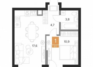 Продаю 1-комнатную квартиру, 37.7 м2, Курск