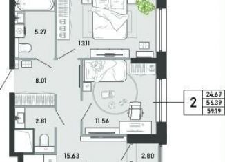 Продается двухкомнатная квартира, 59.2 м2, Тула, Советский территориальный округ