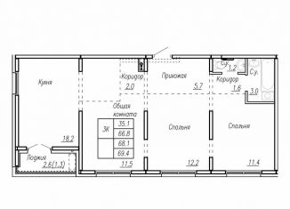 Продам квартиру со свободной планировкой, 68.1 м2, Барнаул, улица Антона Петрова, 210Б