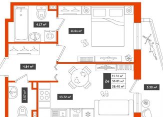 1-комнатная квартира на продажу, 38 м2, Пушкин