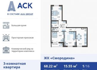 Продаю трехкомнатную квартиру, 68.2 м2, Краснодар, Богатырская улица, 11лит3, ЖК Спортивный Парк