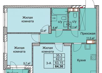 Продажа трехкомнатной квартиры, 63.2 м2, Нижний Новгород, переулок Профинтерна, ЖК Маяковский Парк