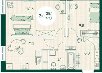 Продается 2-комнатная квартира, 52.1 м2, Адыгея