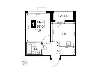 1-комнатная квартира на продажу, 38 м2, Московская область, Киевское шоссе, с1