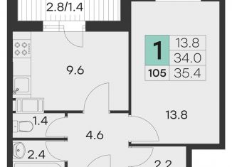 Продажа 1-комнатной квартиры, 35.4 м2, Московская область