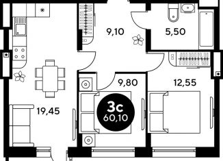 Продажа 2-комнатной квартиры, 60 м2, Ростов-на-Дону, ЖК Европейский, бульвар Платова, 12