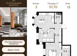 Продажа двухкомнатной квартиры, 57.7 м2, Москва, улица Расплетина, 2к1