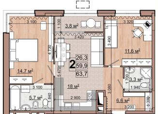 Продажа 2-ком. квартиры, 61.8 м2, Жуковский, улица Гудкова