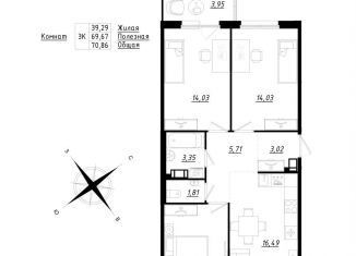 Продается трехкомнатная квартира, 70.9 м2, Ленинградская область