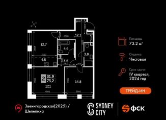 Продаю трехкомнатную квартиру, 73.2 м2, Москва, жилой комплекс Сидней Сити, к2/1, ЖК Сидней Сити
