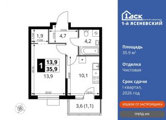 Продам однокомнатную квартиру, 35.9 м2, поселение Мосрентген, жилой комплекс 1-й Ясеневский, к1