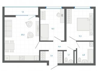 Продажа 2-комнатной квартиры, 57.5 м2, Екатеринбург, метро Чкаловская, улица Академика Парина, 12/6