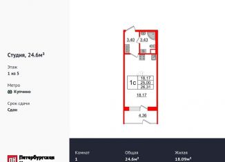 Продается квартира студия, 24.6 м2, Санкт-Петербург, улица Струве, 8к3, ЖК Зелёный Квартал