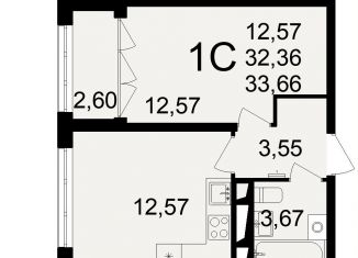 1-комнатная квартира на продажу, 33.7 м2, Тула