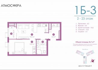 Продаю однокомнатную квартиру, 36.7 м2, Астрахань, улица Бехтерева, 12/4, ЖК Атмосфера