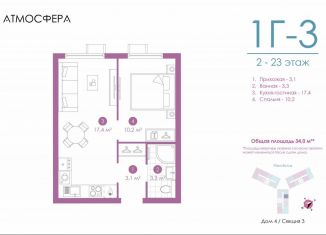 Продается однокомнатная квартира, 34 м2, Астрахань, улица Бехтерева, 12/4, ЖК Атмосфера