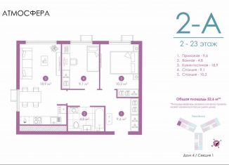 Продажа 2-комнатной квартиры, 52.4 м2, Астрахань, улица Бехтерева, 12/4, ЖК Атмосфера