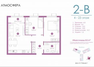 Продам 2-ком. квартиру, 55.2 м2, Астрахань, улица Бехтерева, 12/4, ЖК Атмосфера