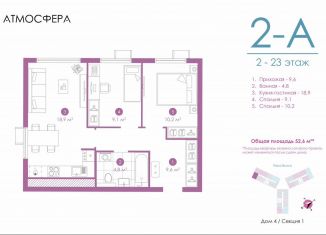 Продаю 2-комнатную квартиру, 52.4 м2, Астрахань, улица Бехтерева, 12/4, ЖК Атмосфера