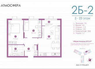 Продам 2-ком. квартиру, 56.9 м2, Астрахань, улица Бехтерева, 12/4, ЖК Атмосфера