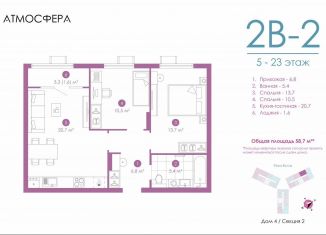 Продаю 2-ком. квартиру, 58.4 м2, Астрахань, улица Бехтерева, 12/4, ЖК Атмосфера